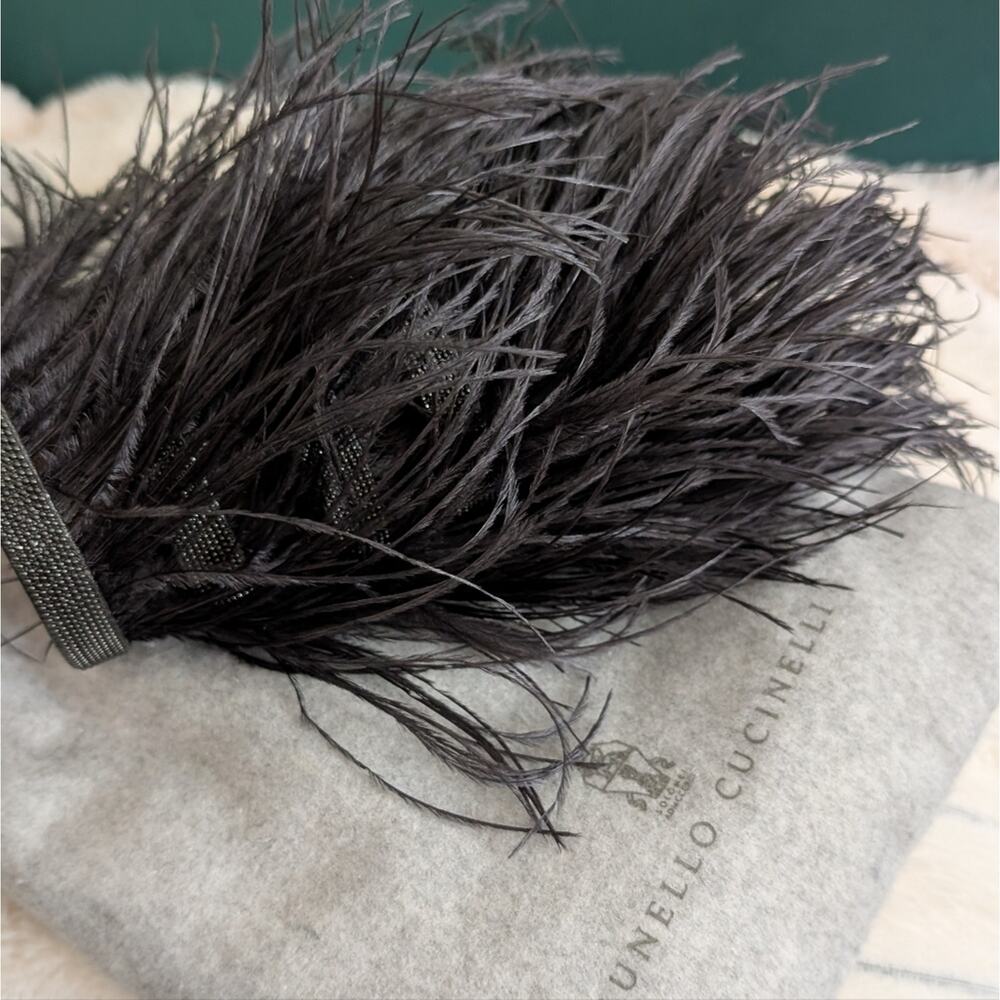 Brunello Cucinelli Gray Feather/Leather/Gunmetal Cuff Bracelet - Picture 6 of 7
